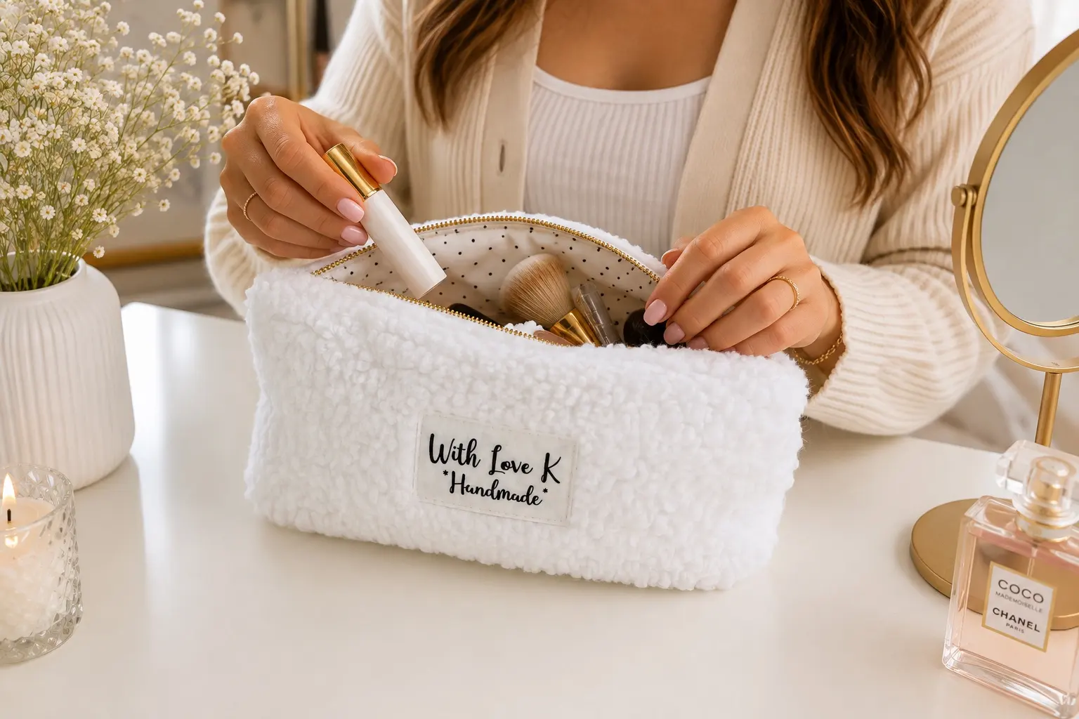 White sherpa handmade makeup bag