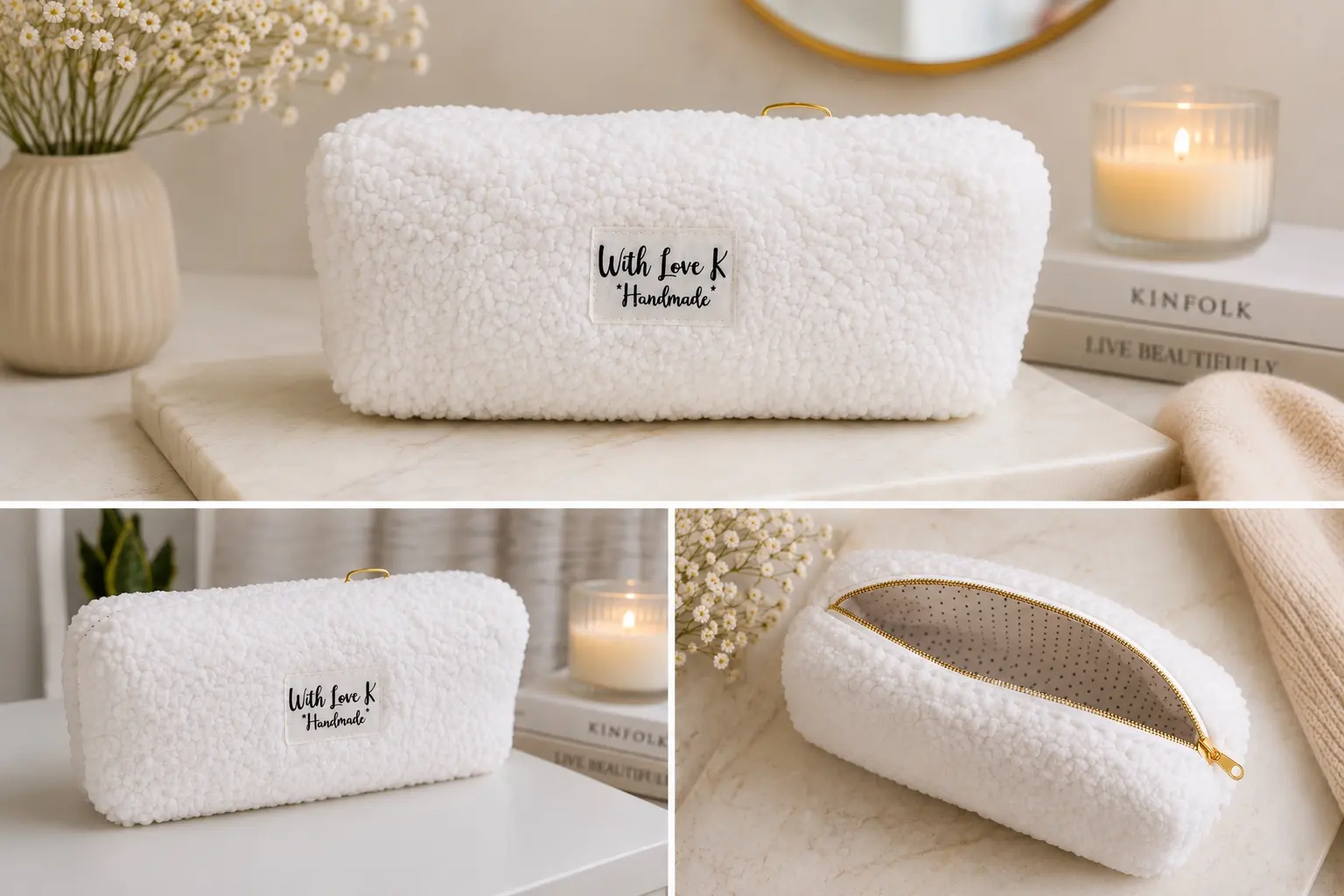 White sherpa makeup bag multiple views