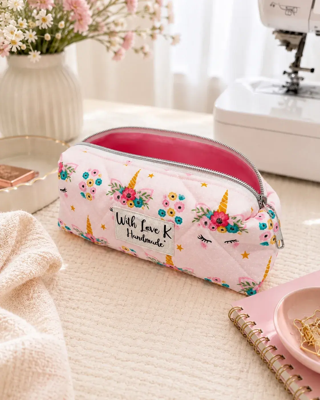 Small Unicorn makeup bag open zipper view