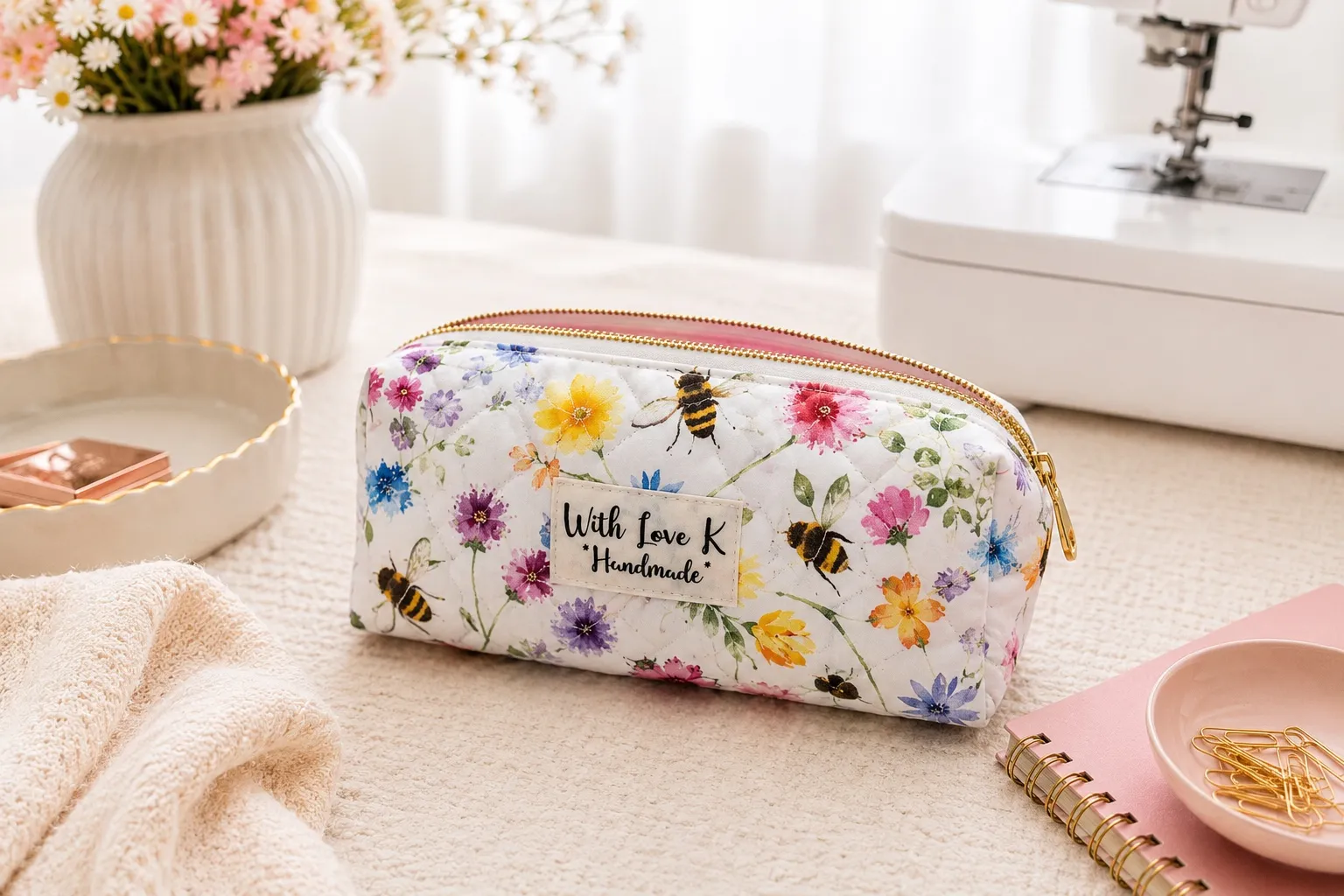 Floral bee makeup bag