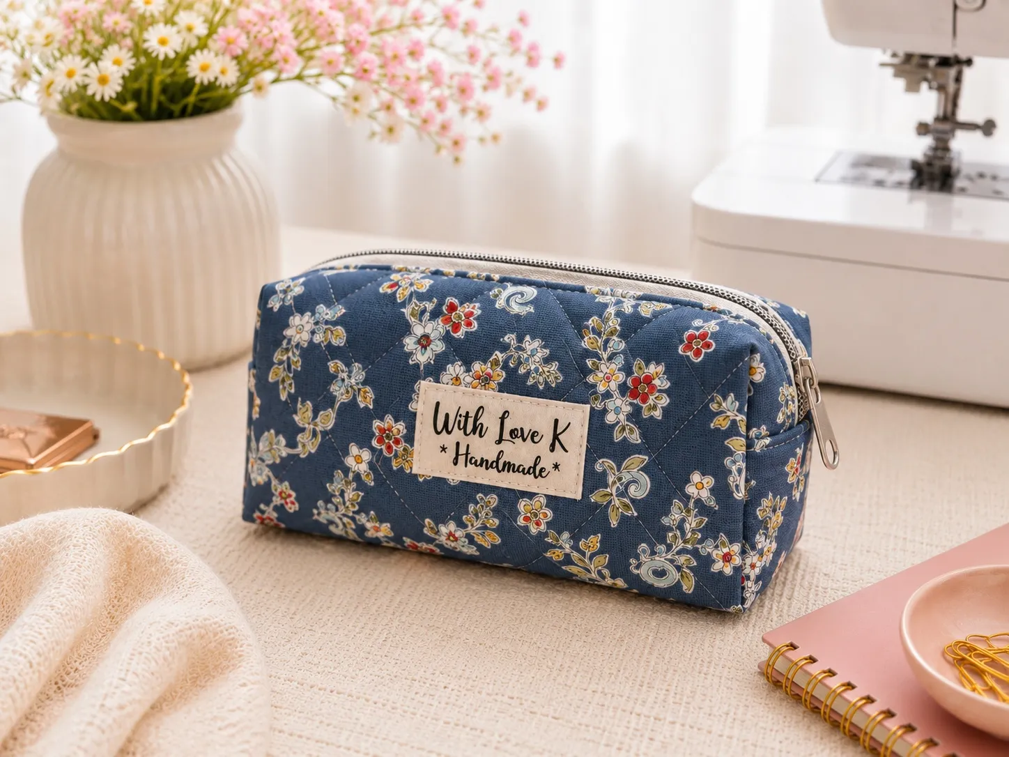 Blue floral makeup bag